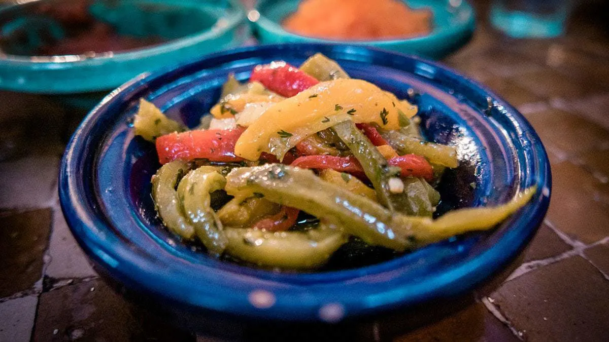 A blue bowl of Moroccan vegetables from the Central Market in Casablanca.
