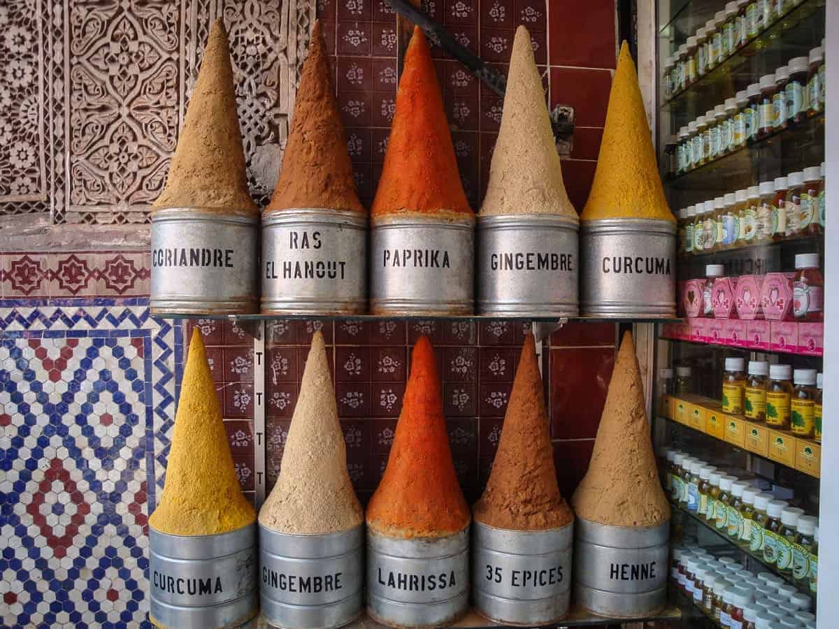 Spices in market Casablanca Morocco. Strolling through the medina and checking out all of the wonderful products is a fun thing to do in Casablanca.