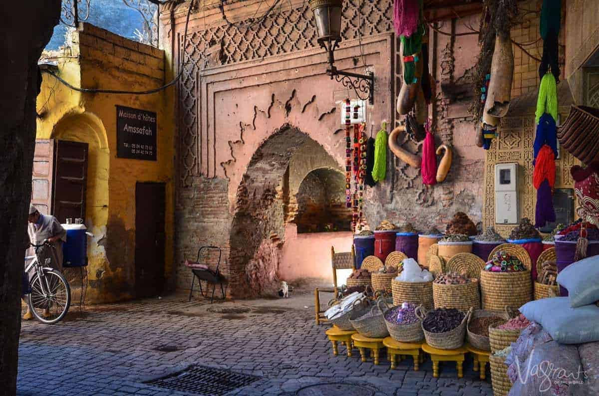 bags of colourful spices in Marrakech Medina - Morocco. Best free things to see and do in Marrakech Morocco