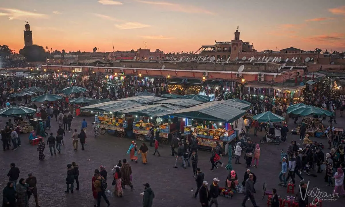 night view over Jemaa el-Fnaa Plaza Marrakech. Is Morrocco safe. Beware of pickpockets in Marrakesh Beware of scammers in Marrakesh.