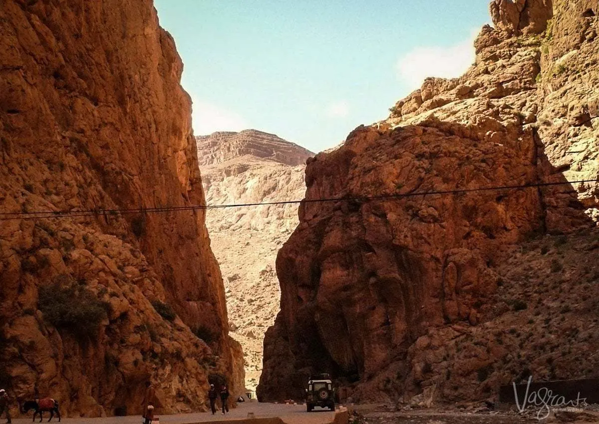 Driving through the narrow Todra Gorge on a moroccan road trip