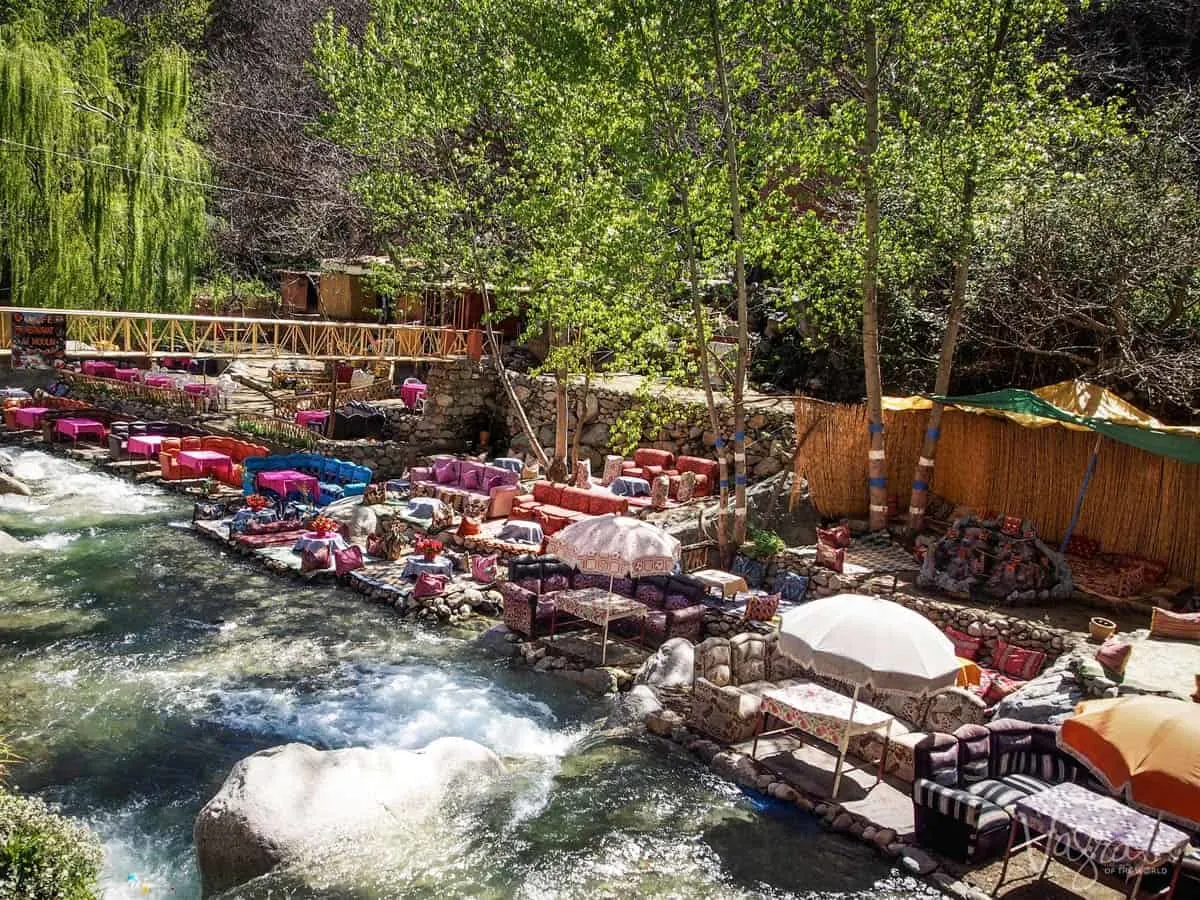 Riverside restaurants offering beautiful Moroccan tagines in the Atlas Mountains, Morocco