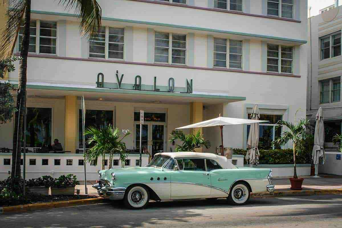 Miami Beach Art Deco District with a vintage car. 