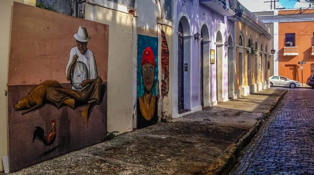 Colourful murals in the cobbled streets of Old San Juan Puerto Rico