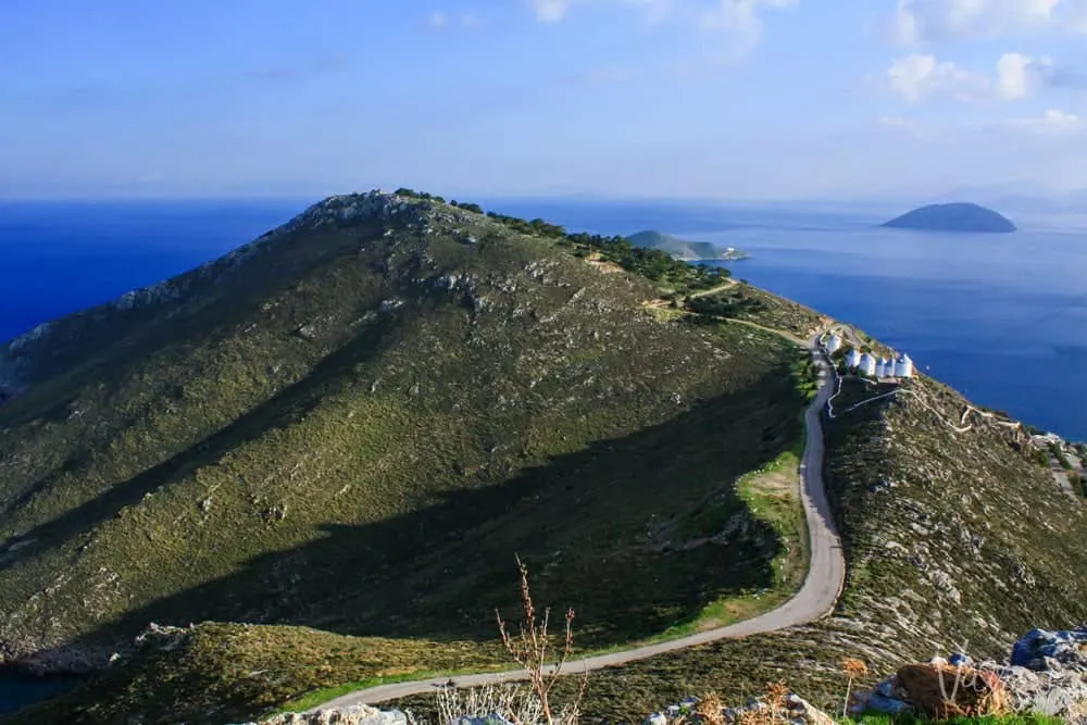 View of the windmills on Leros Island Greece