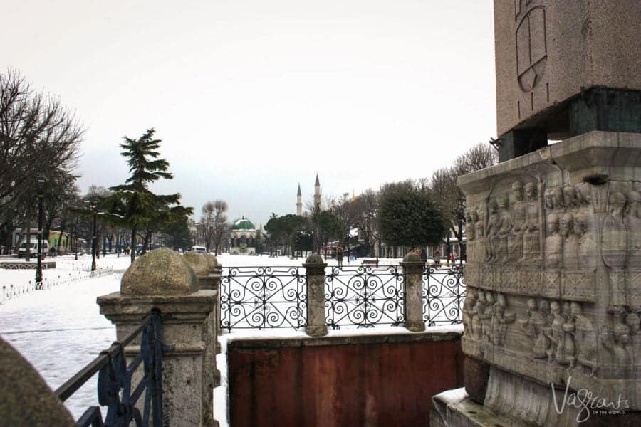 Stone and metal fence surrounding the obelisk in the Hippodrome in  Istanbul. 