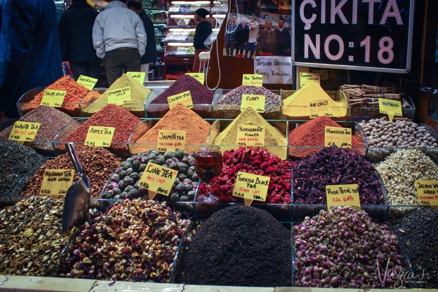 A display of colourful and aromatic teas in the Spice Bazaar Istanbul. 