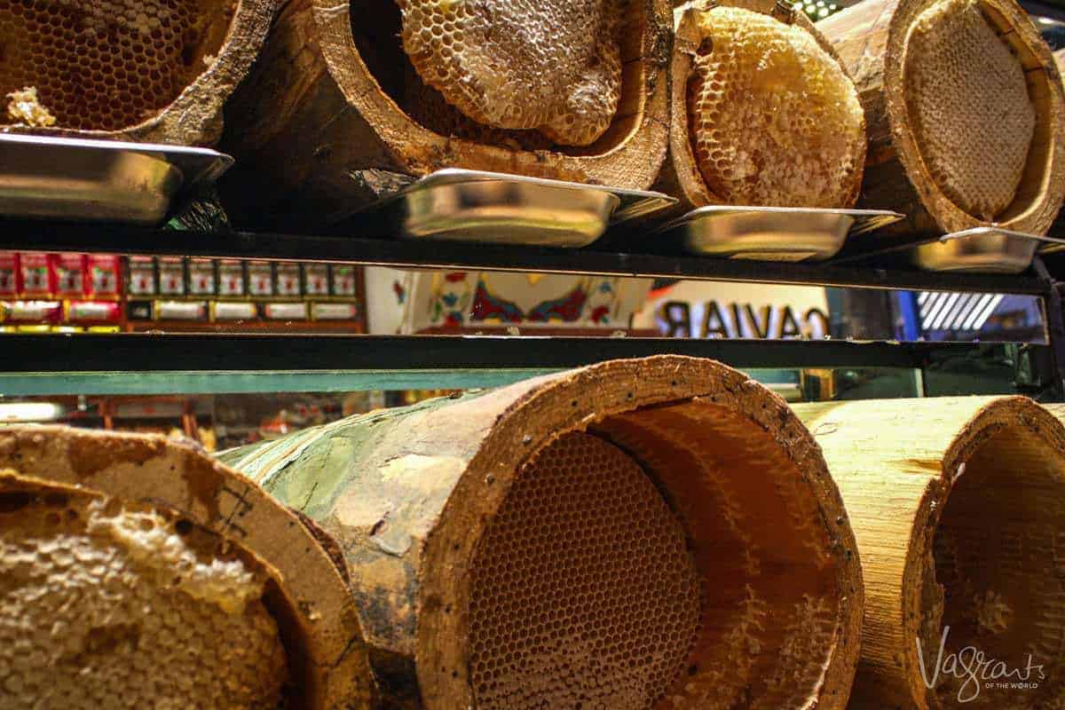 Large pieces of natural honey comb ion display in the Spice Bazaar Istanbul.
