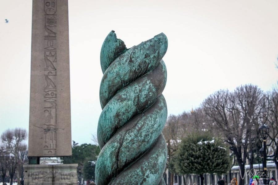 The blue twirling remains of the Serpentine Column one of the oldest Istanbul attractions. 