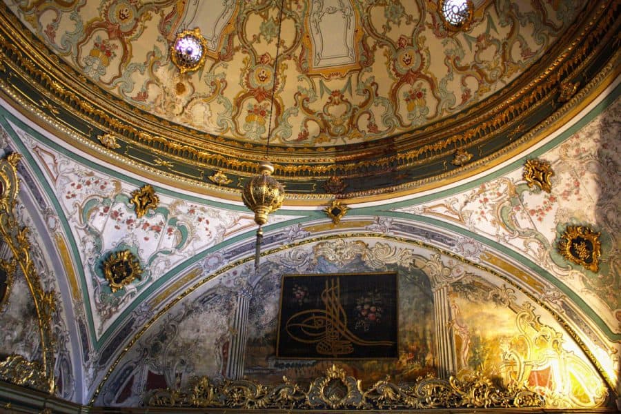 Gilded and painted domed ceiling inside the Topkapi Palace.