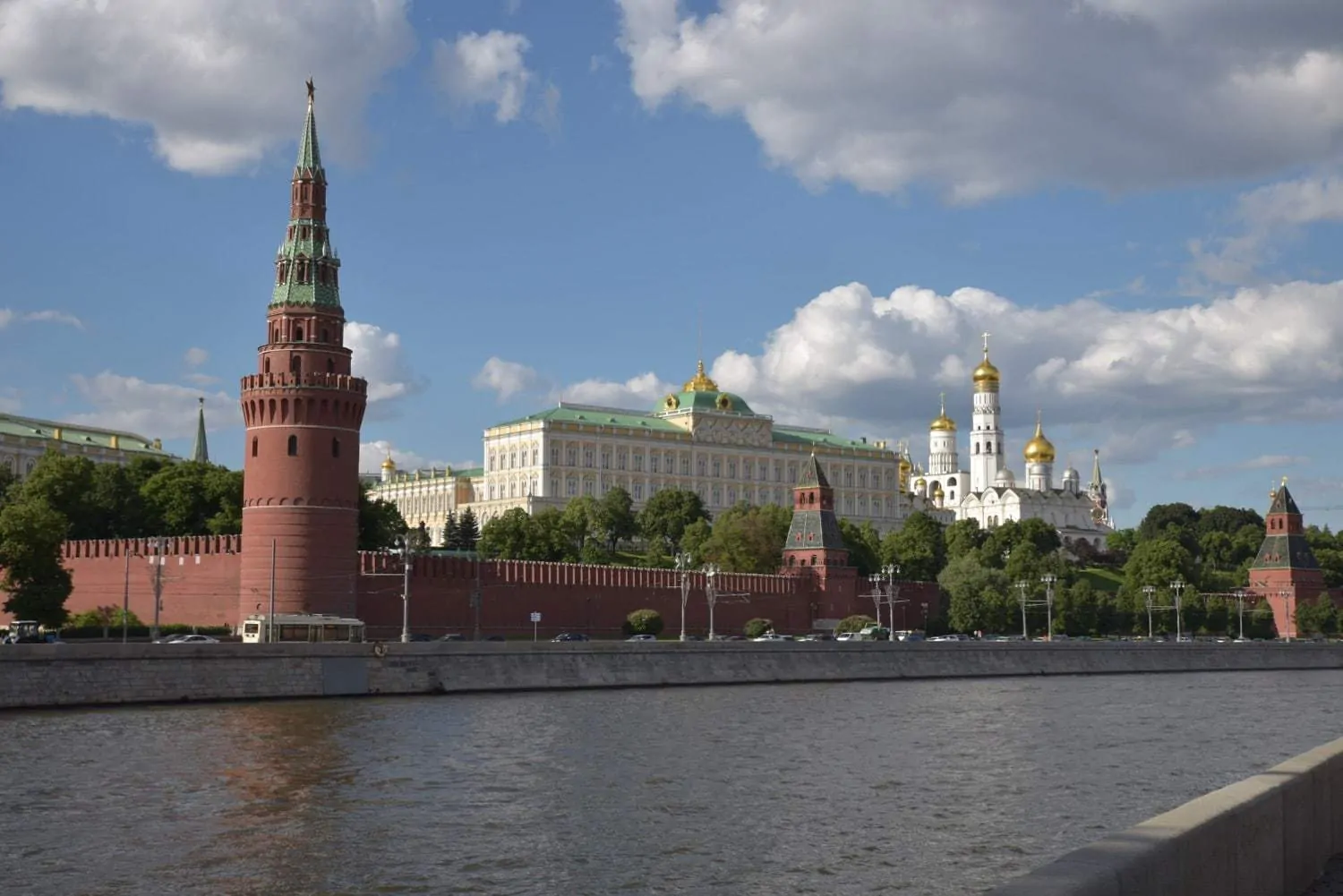 view across river to the famous russian building the red Kremlin fortress. One of the best things to see in Moscow Russia