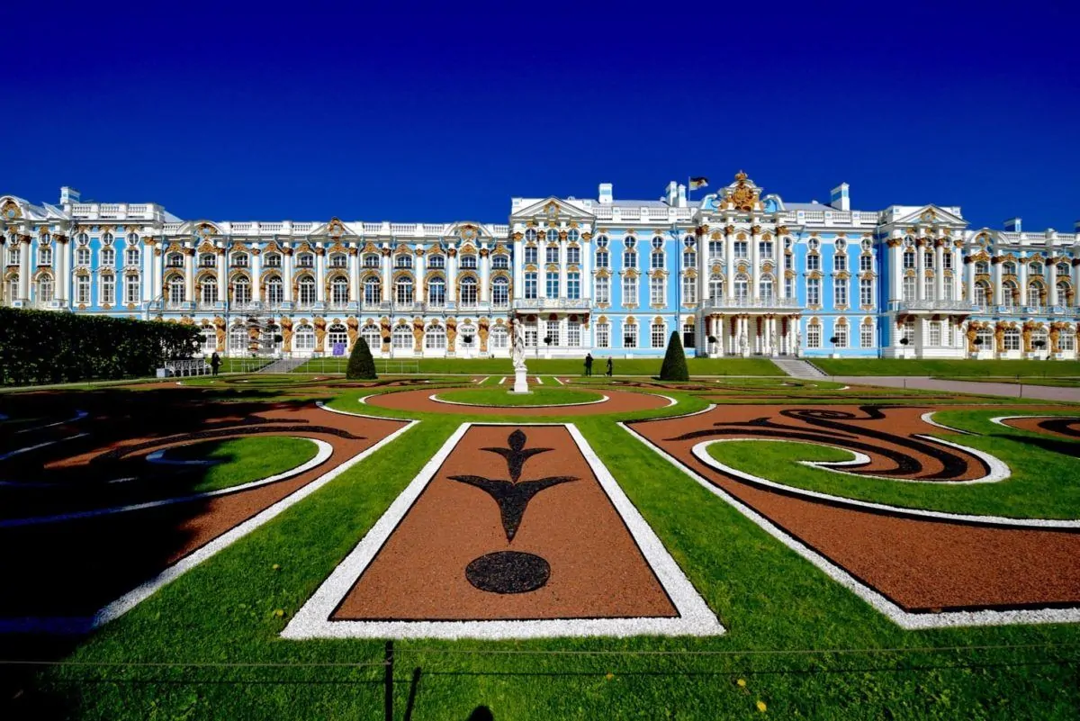 The gardens with different coloured stone patterns outside The Catherine Palace St Petersburg Russia. 