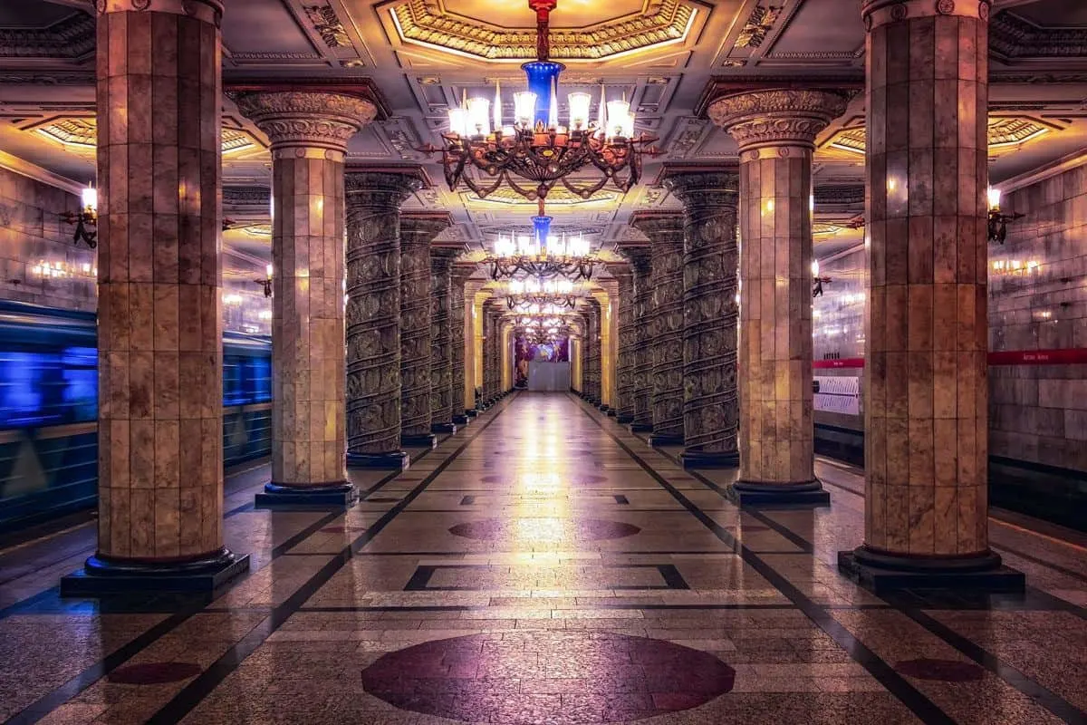 Columns and chandeliers dominate this St Petersburg metro station. Except for the ticket this is a great free thing to do in St Petersburg, explore the metro.
