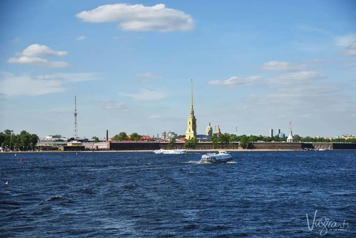 Water taxi travelling across the Neva River in St Petersburg Russia.