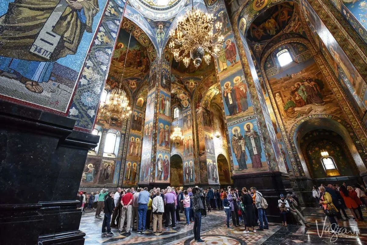 Inside the Church of Our Saviour on Spilled Blood, a museum of spectacular mosaics.