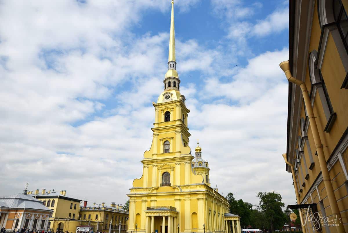 Yellow spired church at the Peter and Paul Fortress in St Petersburg.