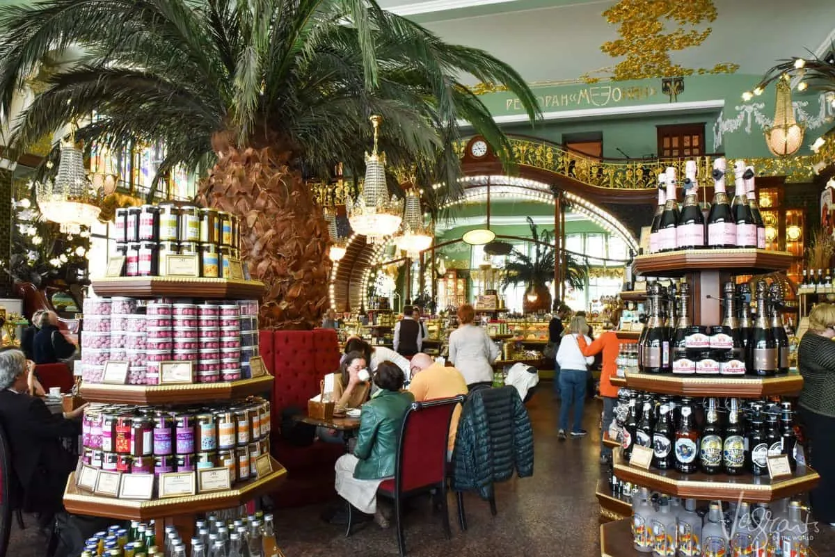 Speciality Russian deli with stacks of tinned food and bottles of wine. Best places to shop in St Petersburg.