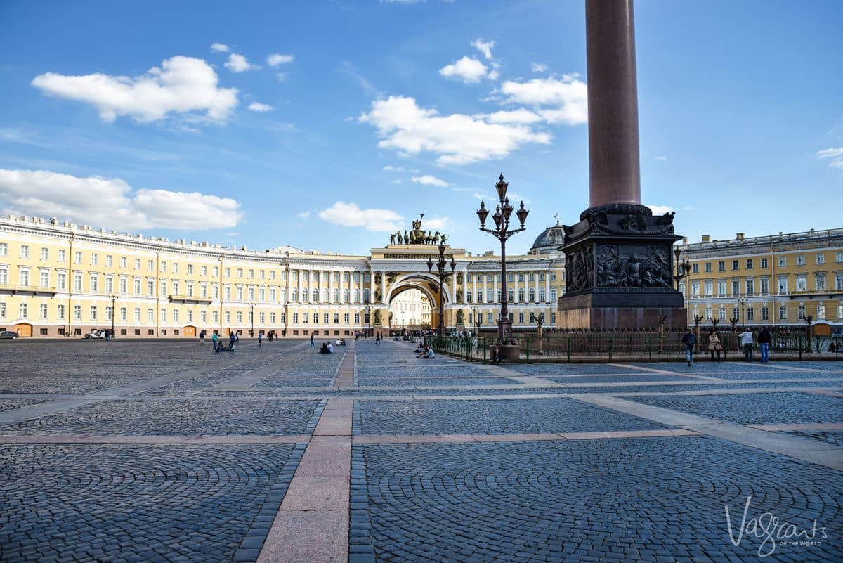 The famous Palace Square with the central oblisk in St Petersburg Russia.