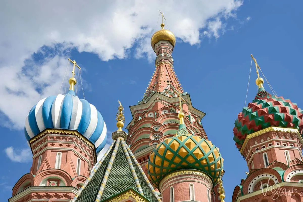 multi coloured parapets of russian church.  If you want to see some unique things in Russia then a viking river cruise through russia will leave you plenty of time for self exploration.