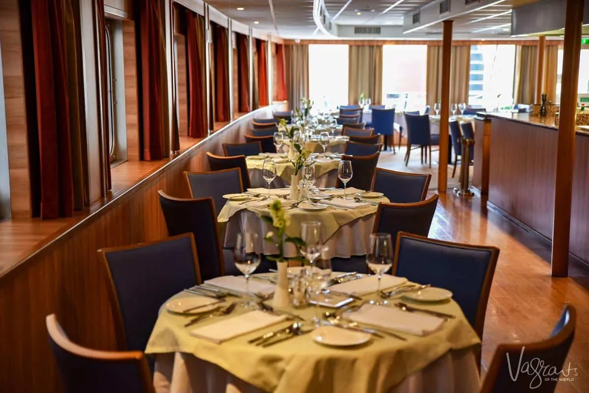 set dining tables on a viking river cruise where you will get the finest russian food on your river cruise in russia