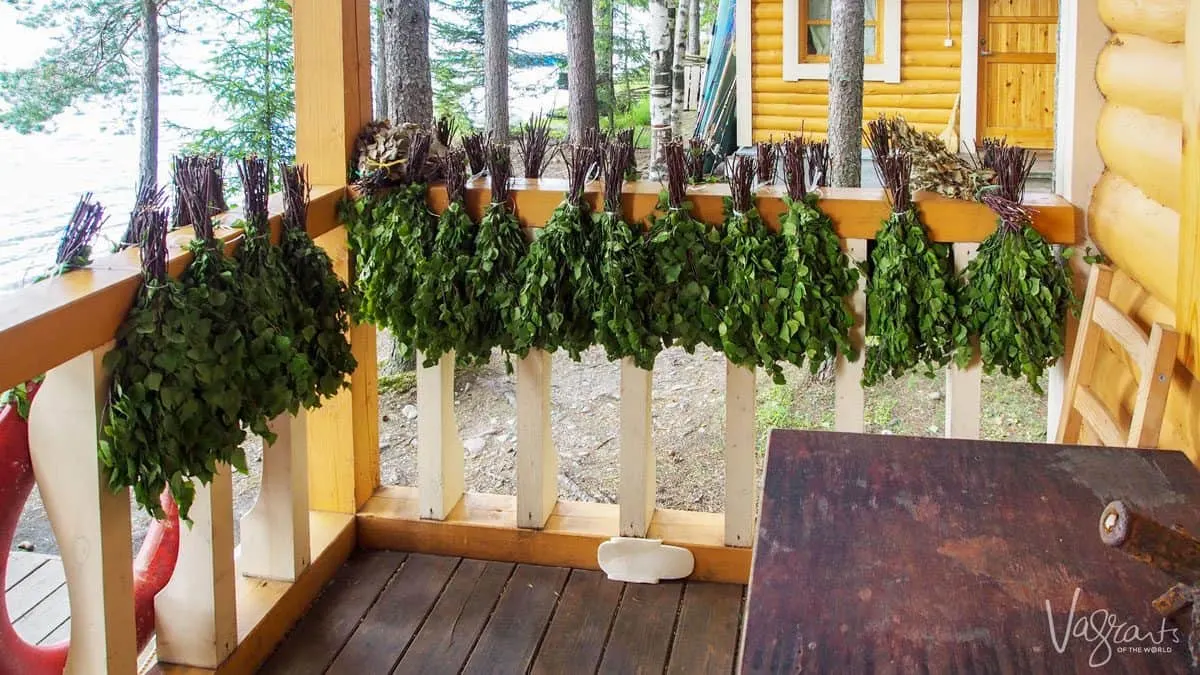 branches tied together and hanging on a rail waiting to be used to whip the hell out of you in a russian banya. viking river cruises will stop here and allow you to be beaten to a sweating pulp by local russian folk