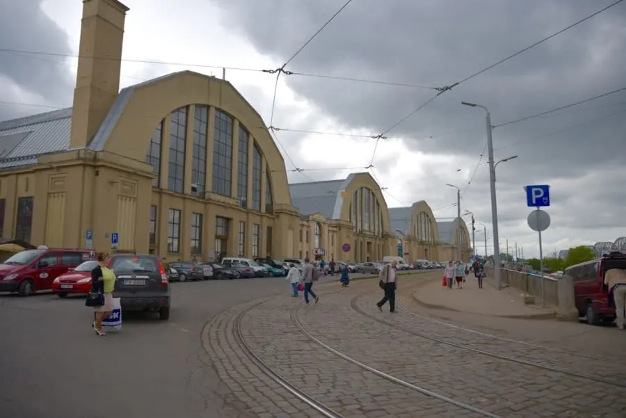 Large yellow zeppelin hangers which house The Central Market Riga, Latvia. Best place to eat in Riga