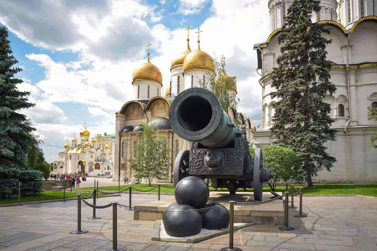 Cannon and cannon balls outside church. Is Moscow dangerous for tourists. A question often asked and the answer is Moscow is very safe for tourists providing you always take the usual precautions.