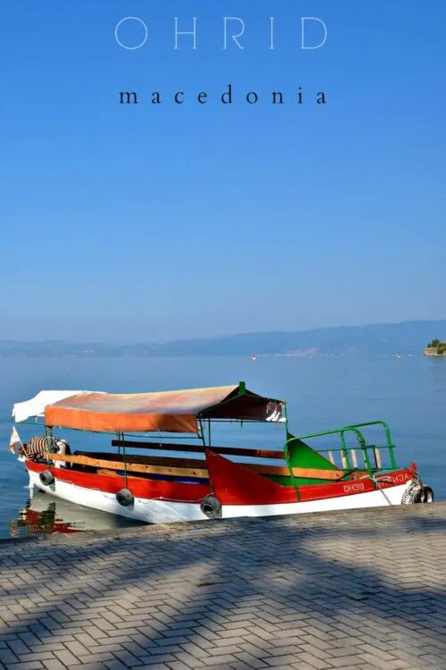 Colourful wooden water taxi against blue sky on Lake Ohrid Macedonia