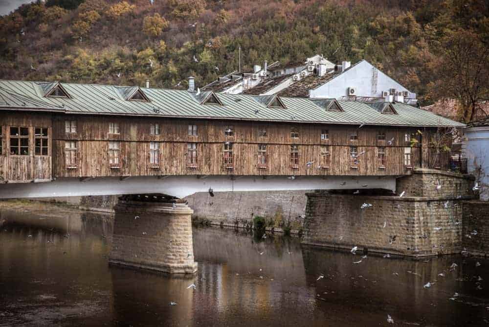 Historical covered wood bridge in Lovech Bulgaria.