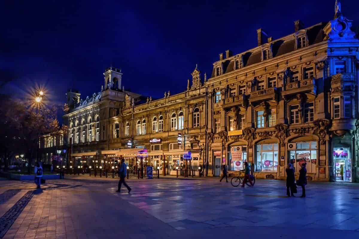 Night scene in the main square of Ruse Bulgaria.