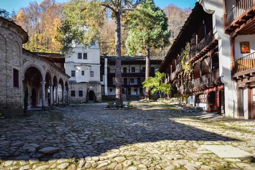The internal cobble stone courtyard in the Troyan Monastery Bulgaria.