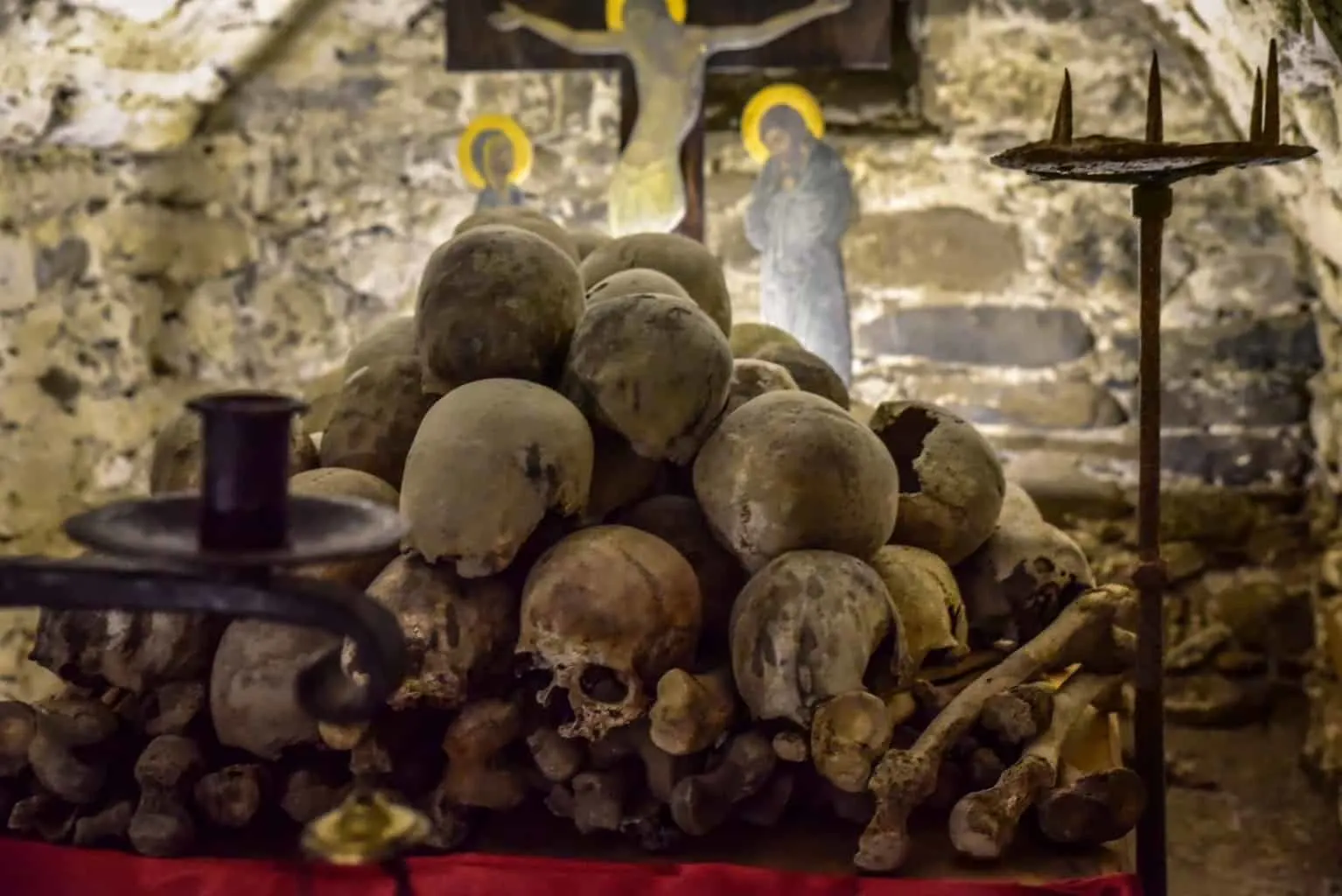 A pile of skulls in the Troyan Monastery Bulgaria.