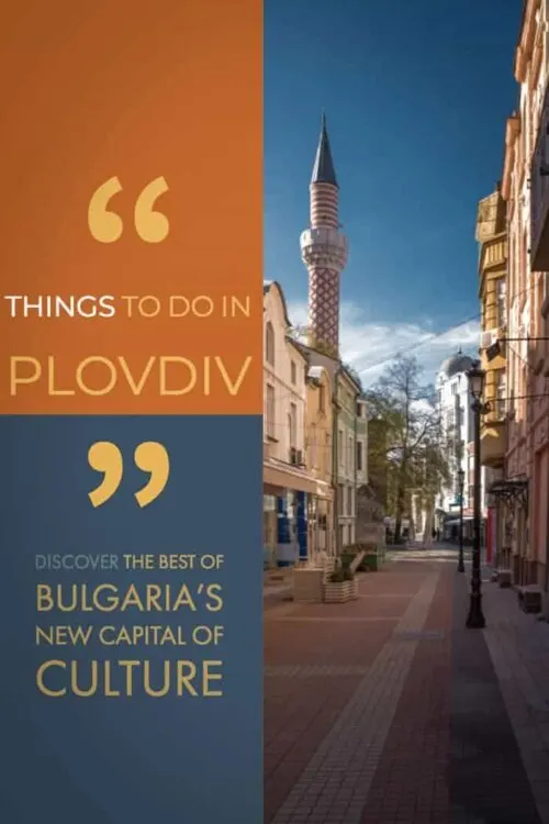 Looking down the street to the mosque tower in Plovdiv Bulgaria