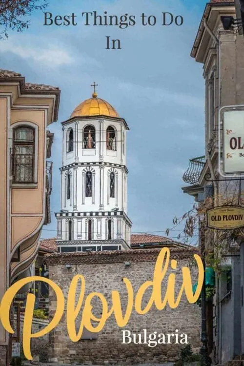 Old church tower in the city of Plovdiv Bulgaria