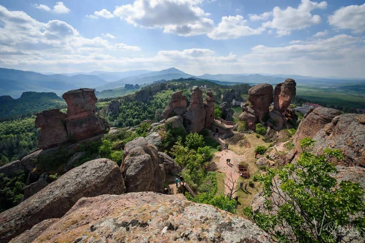 Views over the Belogradchik Rocks and fortress with blue sky and white clouds. 