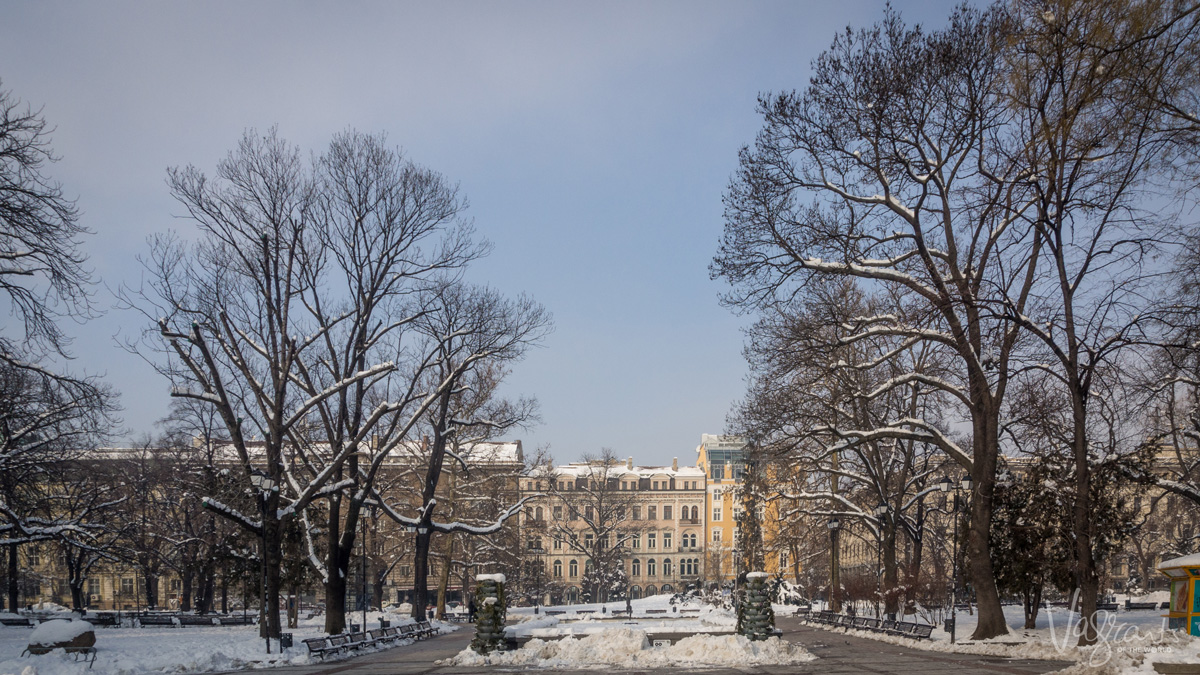 Snowy city scene in Sofia, the capital of Bulgaria. 