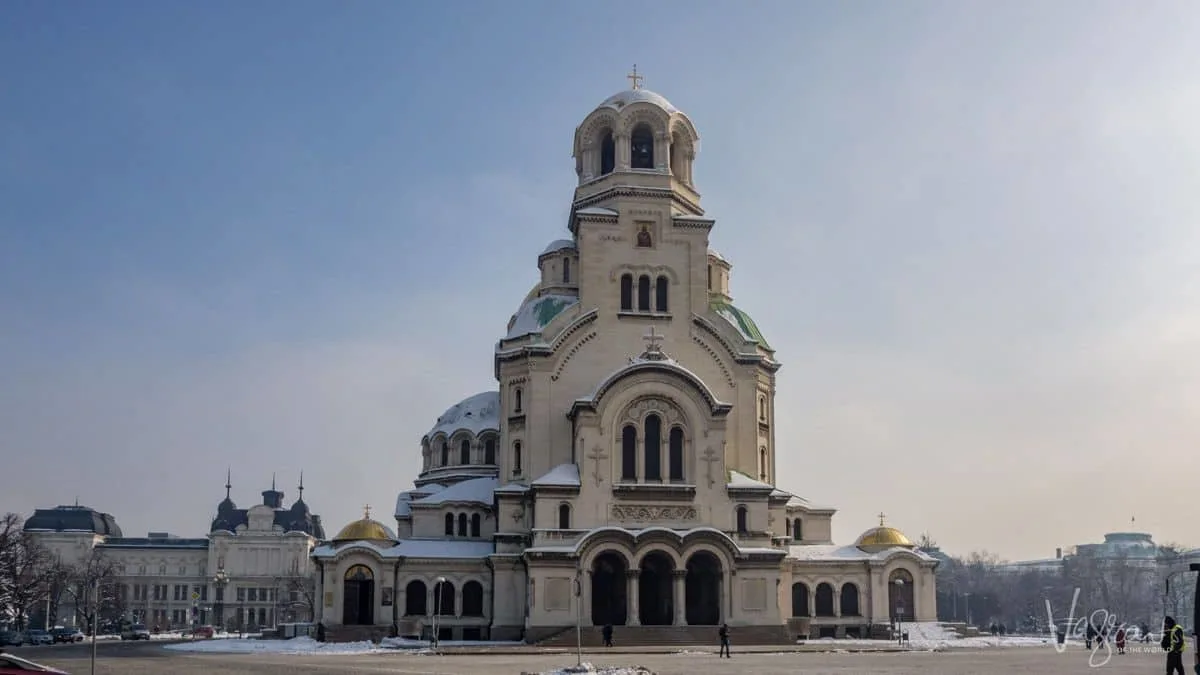 The Alexander Nevsky Cathedral in Sofia Bulgaria on a sunny, snowy day. 