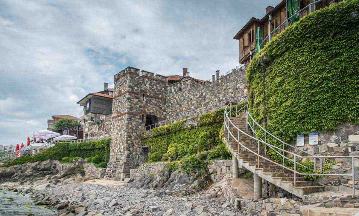 The fortified walls covered in green ivy in Sozopol Bulgaria. 