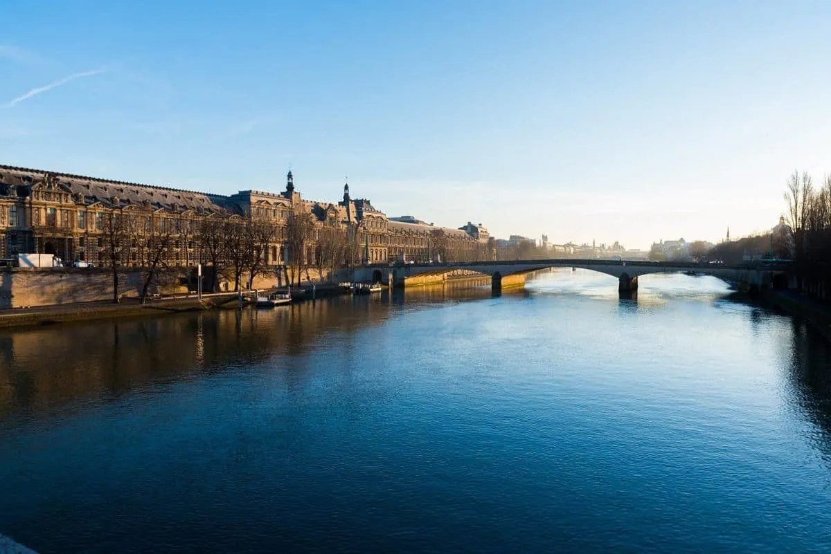 Looking down the Seine River in Paris on a clear cold morning. 