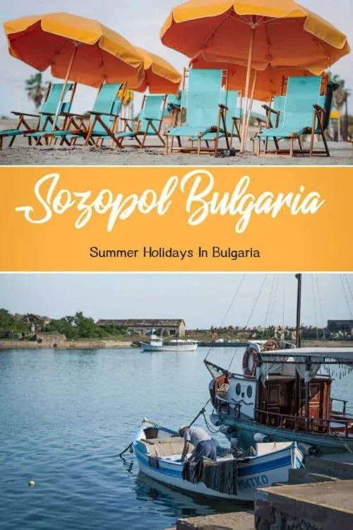 Collage of images of Sozopol Bulgaria with beach scene and traditional fisherman. 
