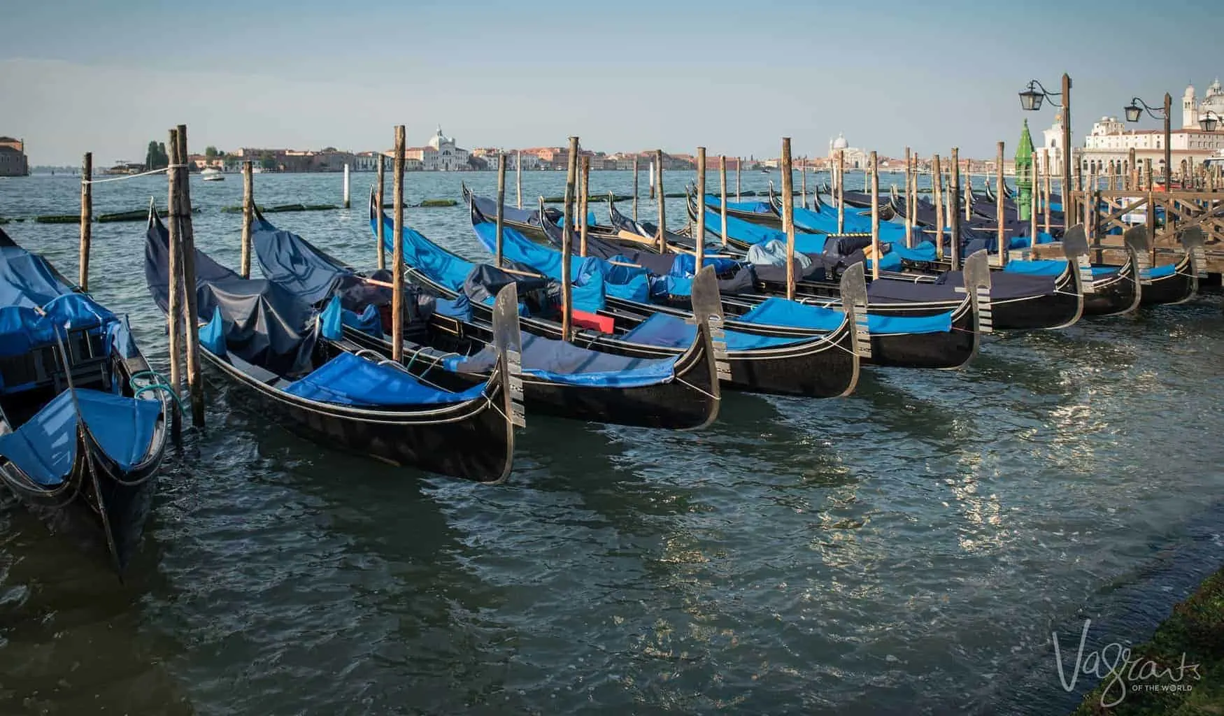 Gondolas moored in front of St Mark's Square in Venice at golden hour.