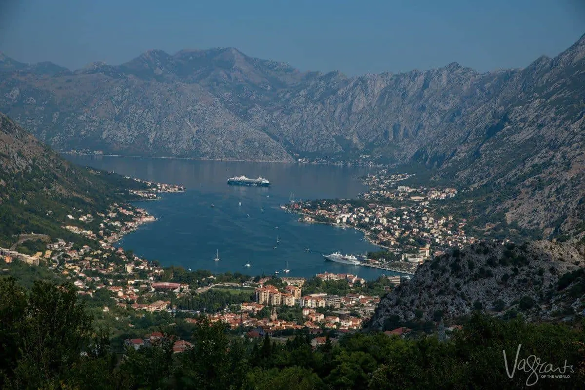 Bay of Kotor from the lookout with cruise ship moored in the bay. 