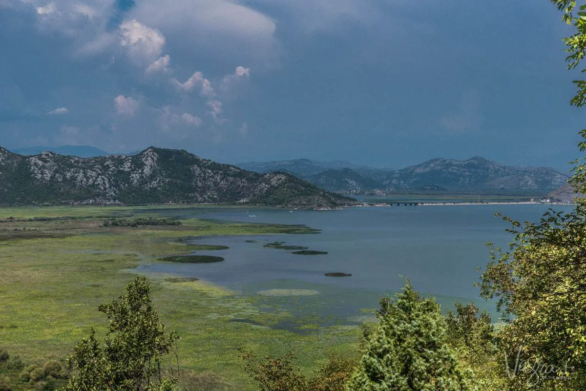 Lush green vegetation around the blue water of Lake Skadar. There are mountains in the background with a stormy sky. 
