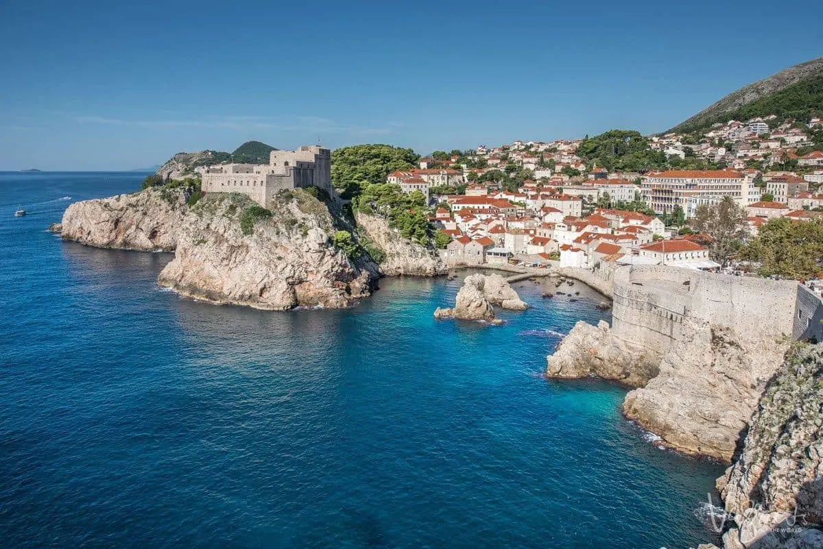 16th century Lovrijenac fortress sits on the cliff above the adriatic overlooking the walled city of Dubrovnik Croatia. 