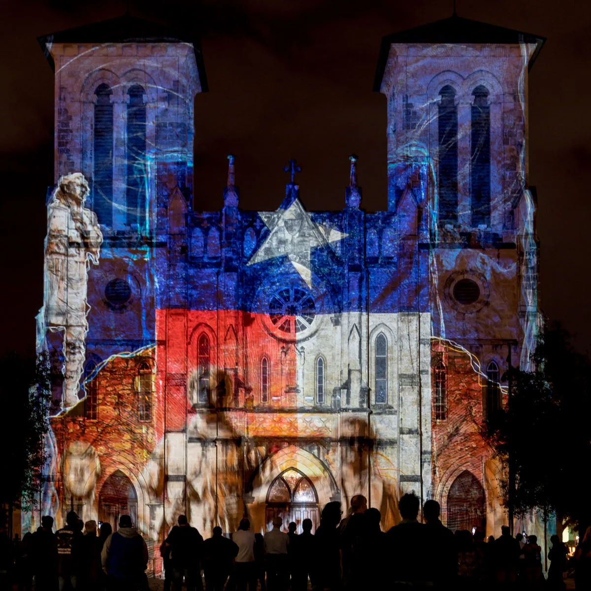 The lightshow on the facade of San fernando church in San Antonio.