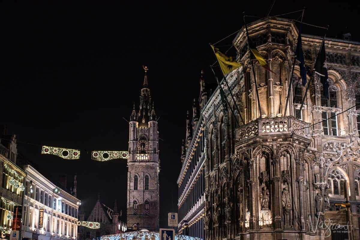 A Free thing to do in Ghent is to see the Ghent City Hall And Ghent Belfry at night all lit up against the night sky.