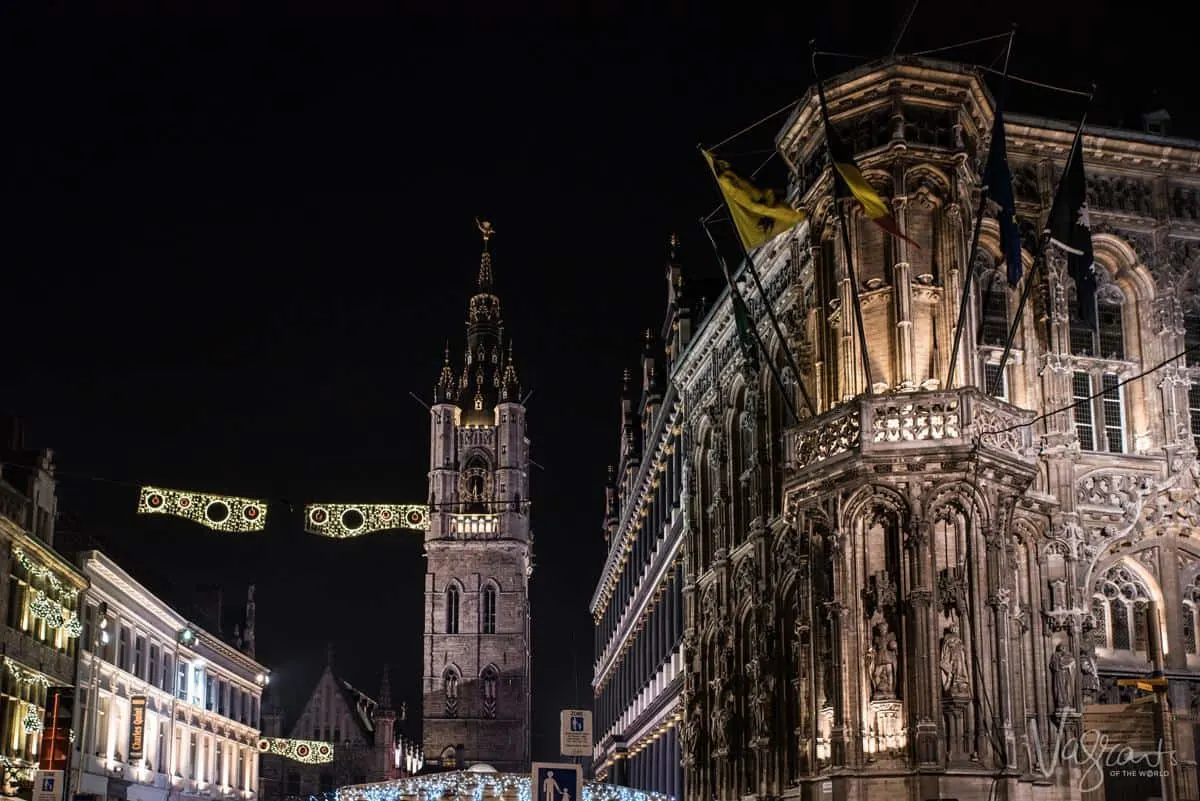 A Free thing to do in Ghent is to see the Ghent City Hall And Ghent Belfry at night all lit up against the night sky.