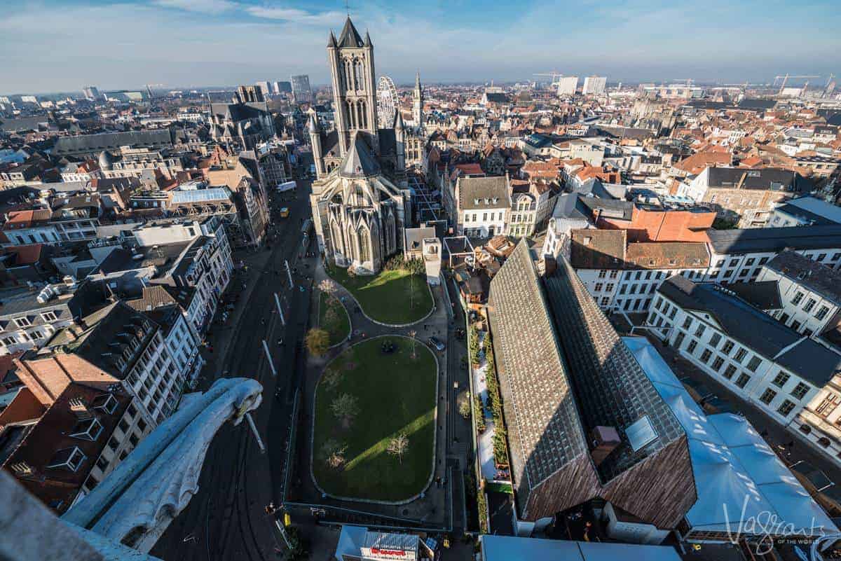 Gent City Skyline. View from the Belfry over the parkland and church. Which cities are the best to visit in Belgium - Ghent is number 1.