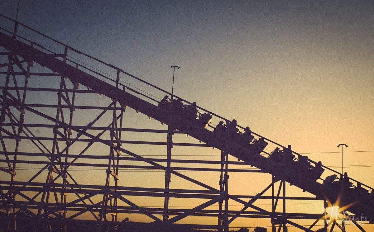 Rollercoaster at sunset in Arlington Texas Six Flags theme park.