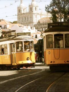 Iconic yellow trams winding through the narrow streets of the city.